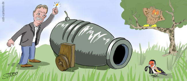 Cartoon-Karikatur-Comic---Ein Mann schießt mit einer großen Kanone auf einen kleinen Spatz mit dem Gesicht eines Politikers.