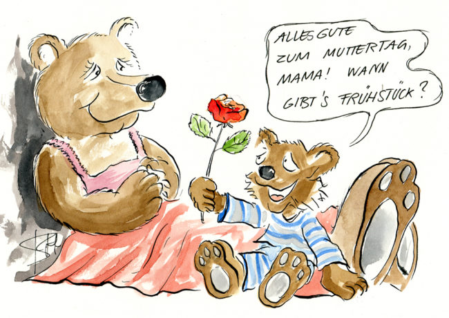 Cartoon-Karikatur-Comic---Ein Bärenkind wünscht seiner Mutter beim aufwachen alles Gute zum Muttertag und fragt sofort nach dem Frühstück.