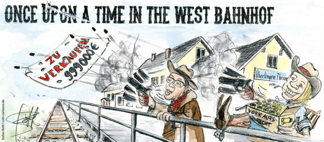 Cartoon-Karikatur-Comic---OB Becker und BM Brettin sitzen am Bahnhof West und ballern auf den Verkaufspreis.