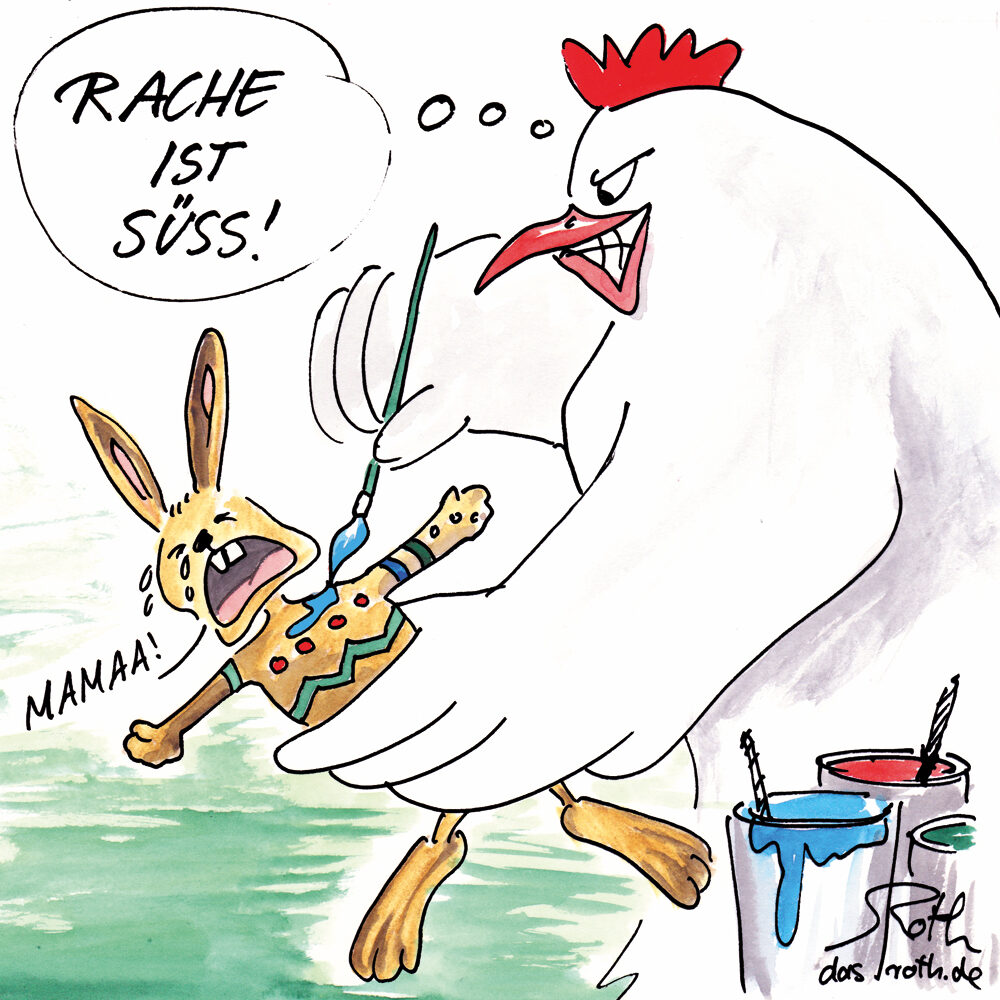Cartoon-Karikatur-Comic---Ein Huhn malt einen Babyhasen an und rächt sich somit am Osterhasen.