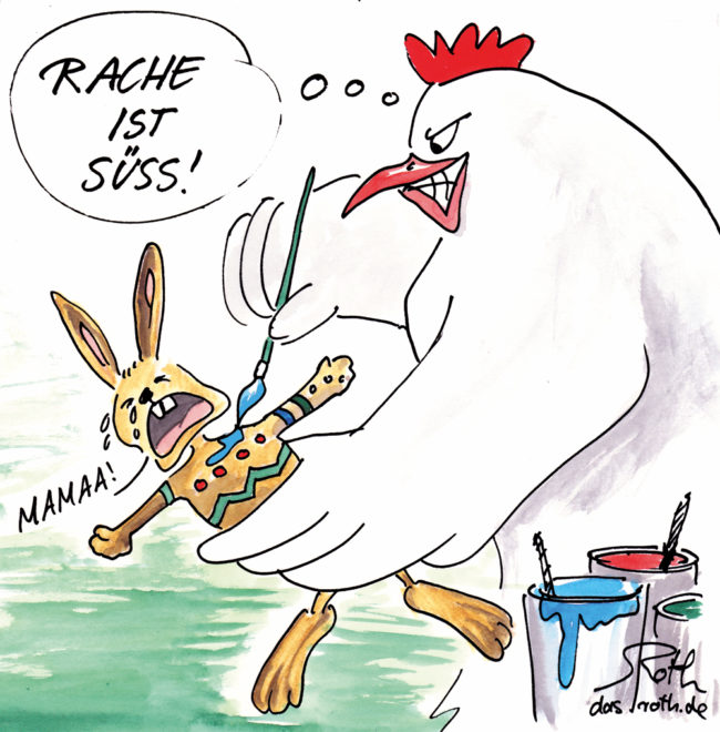 Cartoon-Karikatur-Comic---Ein Huhn malt einen Babyhasen an und rächt sich somit am Osterhasen.