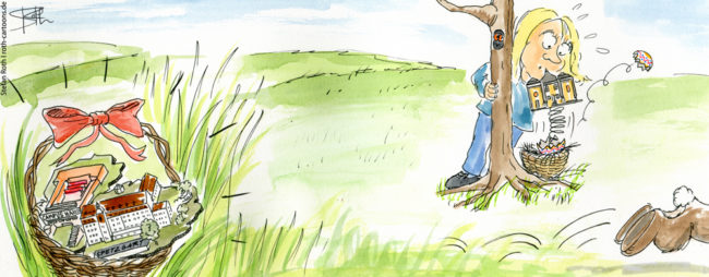 Cartoon-Karikatur-Comic---Sabine Becker sucht Osternester, findet dort aber nur Schlösser in allen Farben und Formen