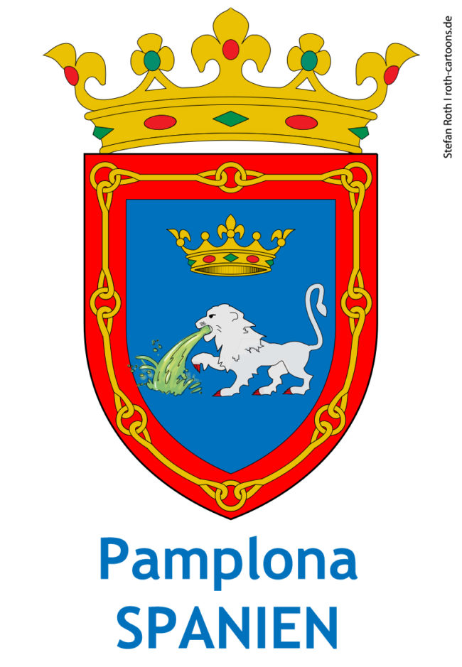 Cartoon-Karikatur-Comic---Das Logo der Stierhatz in Pamplona Spanien nur mit einem kotzenden Löwen.