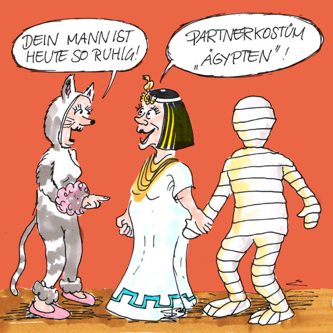 Cartoon-Karikatur-Comic---Dialog auf einer Kostümparty "Dein Mann ist heute so ruhig …" Tja, Partnerkostüm Ägypten". Sie ist als Kleopatra verkleidet, er als Mumie.