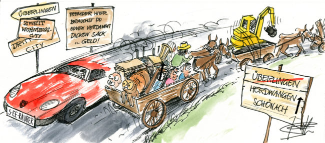 Cartoon-Karikatur-Comic---Siedler ziehen weg von Überlingen während ihnen ein Sportwagen entgegenfährt. Auf einem Schild steht das Überlingen eine Stadt für Reiche Menschen ist.