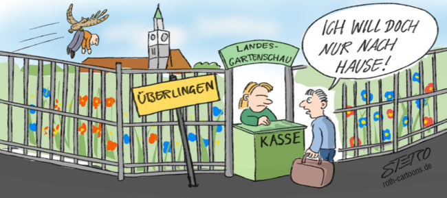 Cartoon-Karikatur-Comic---Ein Absperrzaun der Landesgartenschau um Überlingen hindert einen Bewohner nach Hause zu kommen.
