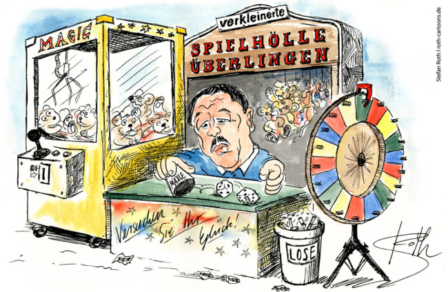 Cartoon-Karikatur-Comic---Eine abgespeckte Veriante der geplanten Spilothek von Unternehmer Jeckel wird wohl doch möglich sein. Ein kleiner Jahrmarktsstand...