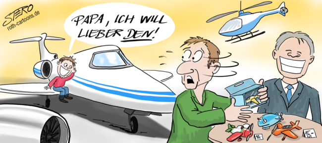 Cartoon-Karikatur-Comic---Ein Vater will mit seinem Sohn ein Modellflugzeug kaufen, doch der kleine will lieber die große Version.