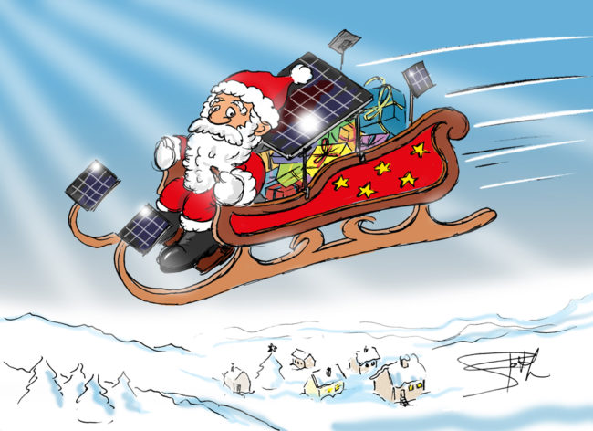 Cartoon-Karikatur-Comic---Der Weihnachtsmann kommt mit solarbetriebenem Schlitten - Freiheit den Rentieren!