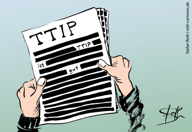 Cartoon-Karikatur-Comic---Ein Dokument mit der Überschrift "TTIP" ist bis auf die Worte "TTIP ist gut" vollkommen geschwärzt.
