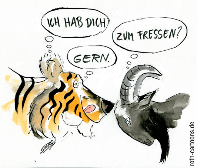 Cartoon-Karikatur-Comic---Ein Tiger denkt "Ich hab dich..." Eine Ziege denkt "zum Fressen? Der Tiger denkt wieder "Gern."