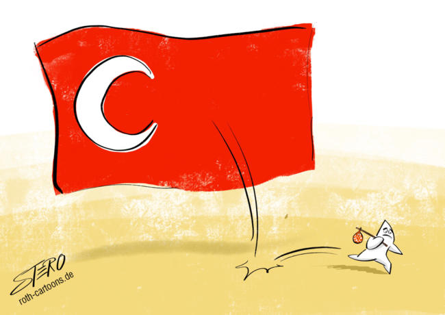Cartoon-Karikatur-Comic---Die türkische Flagge liegt im Sand. Der weiße Stern auf ihr hat sich allerdings verselbstständigt und flieht mit einem Reisestock von ihrem Platz.
