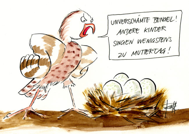 Cartoon-Karikatur-Comic---Ein Vogel verlangt von seinen Eiern wenigstens ein Lied zum Muttertag.