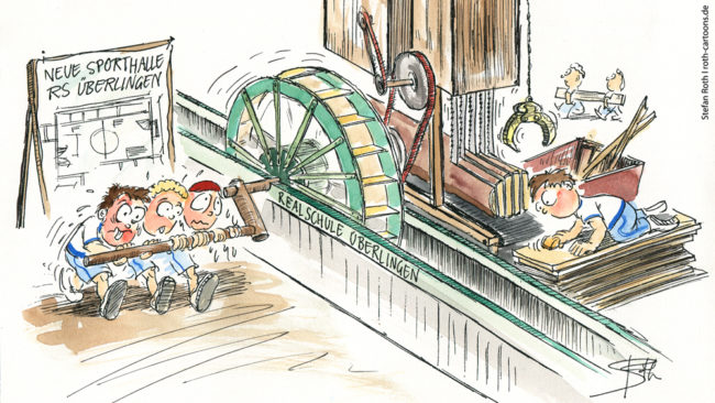 Cartoon-Karikatur-Comic---Schüler treiben das Wasserrad in der Realschule Überlingen manuell an.