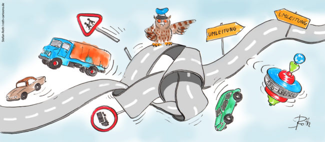 Cartoon-Karikatur-Comic---Eine Straße mit Autos und schildern hat in der Mitte einen dicken komplizierten Knoten.