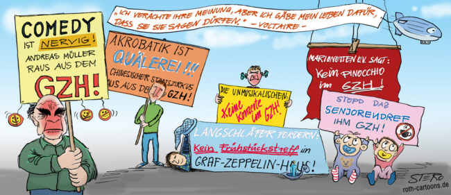 Cartoon-Karikatur-Comic---Eine neue Demonstrationskultur vor dem GZH ist im Entstehen.