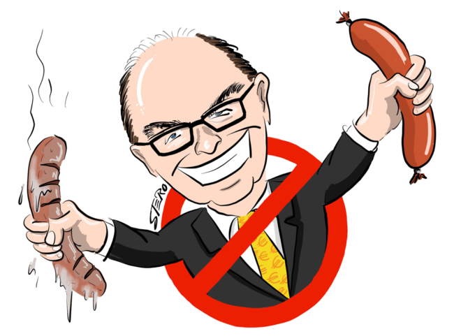 Cartoon-Karikatur-Comic---Der Agrarminister Christian Schmidt grinst mit Einer Wurst und einer fettigen Bratwurst in den Händen aus einem Verbotsschild.