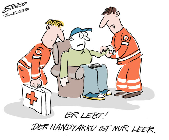 Cartoon-Karikatur-Comic---Der Notarzt untersucht einen erstarrten Mann auf einem Sessel. Zum Glück ist nur sein Handyakku leer.