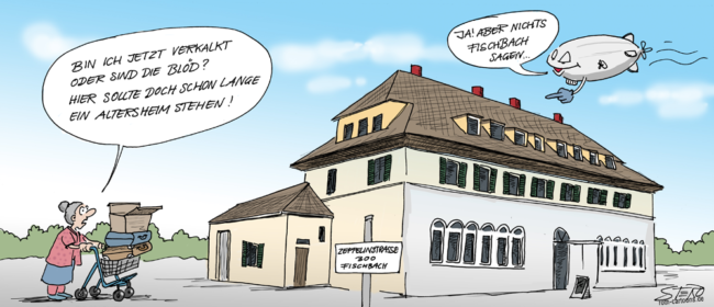 Cartoon-Karikatur-Comic---Eine Oma steht mit ihren Sachen vor einem leeren Gebäude und sucht vergeblich ein längst überfälliges Altenheim.