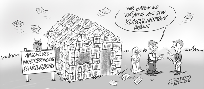 Cartoon-Karikatur:Ein Papierhaus aus den Klageschriften gegen eine Anschlussunterbringung für flüchtlinge gebaut - Refugees welcome.