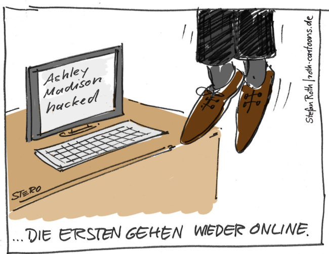 Cartoon-Karikatur-Comic---Auf einem Pc sieht man den hacking Angriff auf Ashley Madison und die Füße eines Mannes baumeln von der Decke.