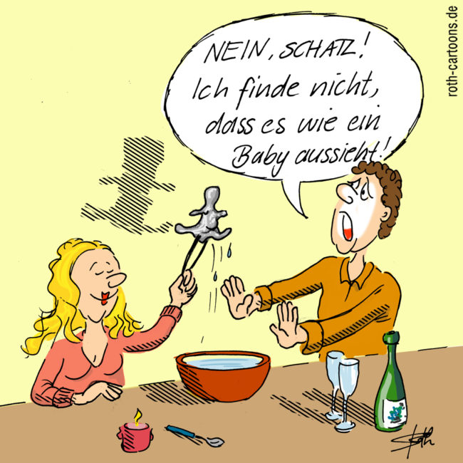 Cartoon-Karikatur-Comic---Ein Mann sagt zu seiner frau an Silvester beim Bleigießen das er das Baby im Stück Blei überhaupt nicht erkennen kann.