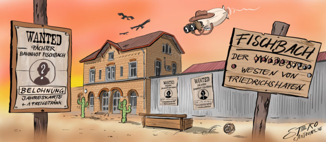 Cartoon-Karikatur-Comic---Der Kulturbahnhof in Fischbach ist zur einsamen Westernwelt verkommen. Ein Plakat sucht nach einem Pächter des Bahnhofs und bietet eine Belohnung von einer Jahreskarte und einem Freigetränk an. Fischbach ist eben der (wildeste) Westen von Friedrichshafen.
