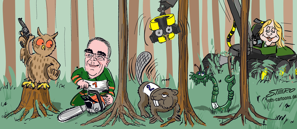 Cartoon: Baumfällwettbewerb mit John Deere Vollernter, Stiehl Motorsäge, Holzwurm und Biber