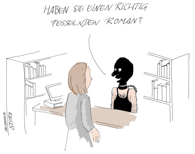 Cartoon-Karikatur-Comic---Ein leicht bekleideter Mann mit schwarzer Latexmaske und Hundehalsband frägt eine Mitarbeiterin in einem Buchladen freundlich nach einem richtig fesselnden Roman.