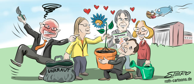 Cartoon-Karikatur-Comic---Eine Gruppe von Menschen kummert sich mit Wasser und Dünger um eine Blaue Blume. Daneben tobt ein rot angelaufener Anzugträger mit Gartenschere und Unkrautsack vor Wut.