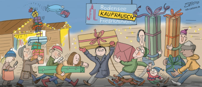 Cartoon-Karikatur-Comic---Sehr viele Passanten laufen in der Stadt eilig hin und her. Alle tragen mehrere Geschenke in groß und klein, breit und lang und dick und dünn.