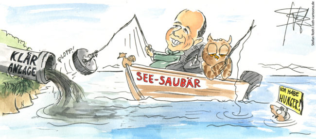 Cartoon-Karikatur-Comic---Ein Mann im Boot zieht den Stöpsel aus einem Abflussrohr einer Kläranlage, so das der Abfall direkt in den Bodensee fließt.