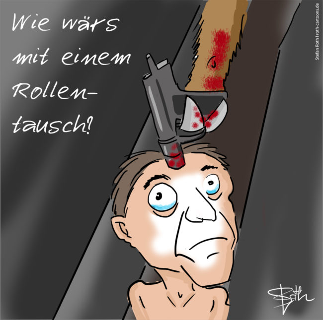 Cartoon-Karikatur-Comic---Ein abgemagerter Mann sitzt eingepfercht in einem Zwinger und bekommt von einer Kuh den Bolzen an den Kopf gehalten. Ein Rollentausch...