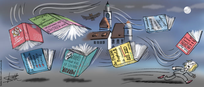 Cartoon-Karikatur-Comic---Sabine Becker wird von fliegenden Büchern durch Überlingen bei Nacht gejagt.