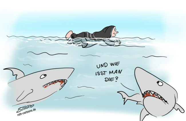Cartoon-Karikatur-Comic---Eine Frau im Burkini schwimmt im Meer. Die Haie unter ihr fragen sich nur wie man diese jetzt essen soll.