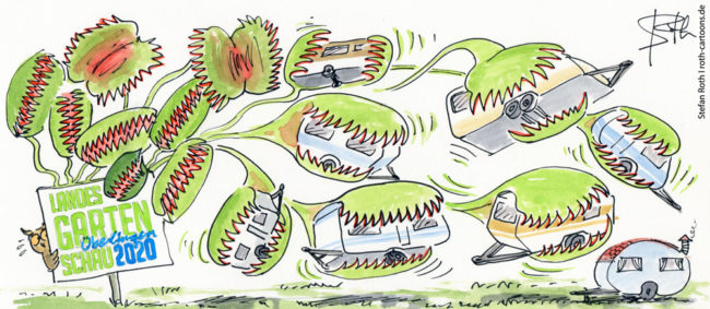 Cartoon-Karikatur-Comic---Eine Fleischfressende Fliegenfalle der LGS in Übergröße packt mehrere Wohnmobile mit ihren Fallen.