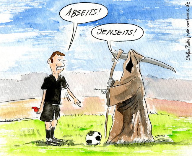 Cartoon-Karikatur-Comic---Ein Schiedsrichter deutet auf einen Fußball und ruft: "Abseits" Eine verdächtige Kapuzengestalt sagt jedoch: "Jenseits" und deutet auf den Mann.