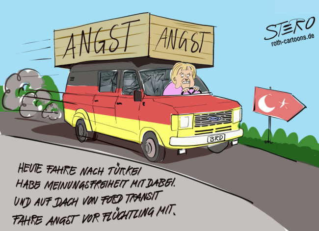 Cartoon-Karikatur-Comic---Angela Merkel fährt mit einem Deutschland-Van mit einer Menge Angst auf dem Dach Richtung Türkei. Darunter steht:" HEUTE FAHRE NACH TÜRKEI HABE MEINUNGSFREIHEIT MIT DABEI. UND AUF DACH VON FORD TRANSIT FAHRE ANGST VOR FLÜCHTLING MIT."