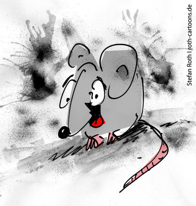 Cartoon-Karikatur-Comic---Eine freche graue Maus sitzt auf dem Boden.