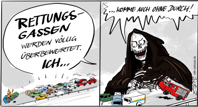 Cartoon-Karikatur-Comic---Auf einer Autobahn hat ein heftiger Unfall nicht zu einer benötigten Rettungsgasse geführt. Einer kommt zum Glück dennoch durch. Der Tod...