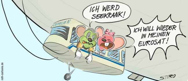 Cartoon-Karikatur-Comic---In einer Zeppelin-Gondel sagt eine grüne Maus zu einer roten:"Ich werde Seekrank!" worauf diese erwiedert:" Ich will wieder in meinen Eurosat!"