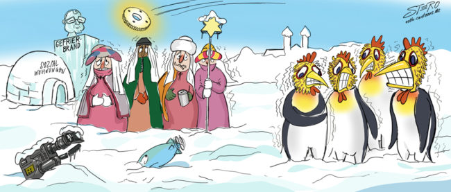 Cartoon-Karikatur-Comic---Ganz Friedrichshafen ist zugeschneit. Die Sternsinger zittern genau wie die Seegockel mit Pinguin Körpern. Ein Iglu mit der Aufschrift "Sozial Wohnungen" steht neben einer OB Brand Statue mit der Aufschrift "Gefrier Brand".