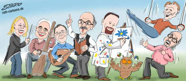 Cartoon-Karikatur-Comic---Der Gemeinderat von Überlingen ist mit ihren Künstlerischen Aktivitäten gemalt. Eine zaubert, einer sägt, einer spielt Gitarre, einer ließt vor, einer malt eine blaue Blume, einer turnt und der letzte spielt Theater. Der Uhu jongliert daneben mit bunten Bällen.