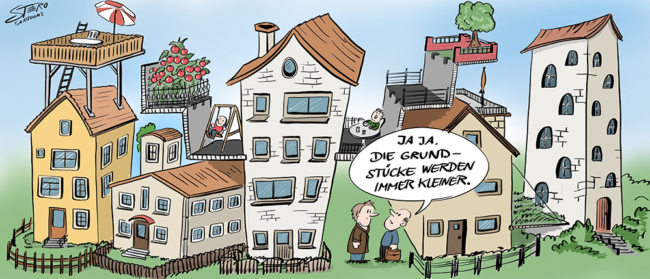 Riesige Häuser auf kleinen Grundstücken nah aneinander gereiht. Daneben ein Mann der sagt:"Ja Ja, Die Grundstücke werden immer kleiner."