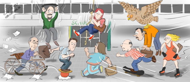 Cartoon-Karikatur-Comic--- Mehrere lehrer versuchen mit den verschiedensten Mitteln zum unterricht zu gelangen. Unteranderem ein Laufrad, ein Fallschirm, Inline-Skates und ein Skateboard werden dafür verwendet.