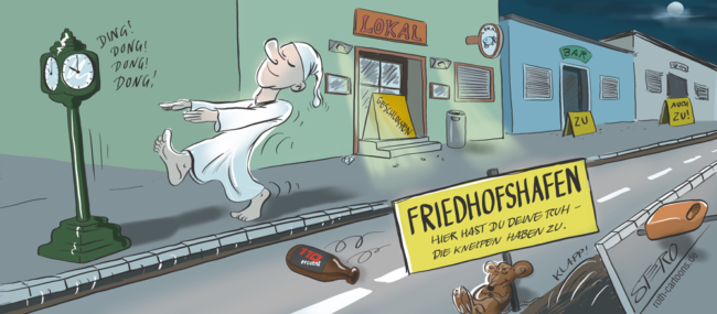 Cartoon-Karikatur-Comic---Eine ruhige Straße bei Nacht in Friedrichshafen läuft an geschlossenen Bars und Lokalen entlang. Ein Bewohner schlafwandelt, die Gehwege sind Hochgeklappt und ein Schild verkündet:" Friedhofshafen Hier hast du deine Ruh, die Kneipen haben zu."