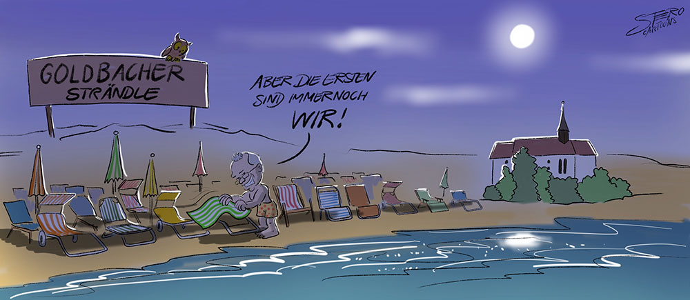Cartoon-Karikatur-Comic-Srandplatz mit dem HAndtuch reservieren