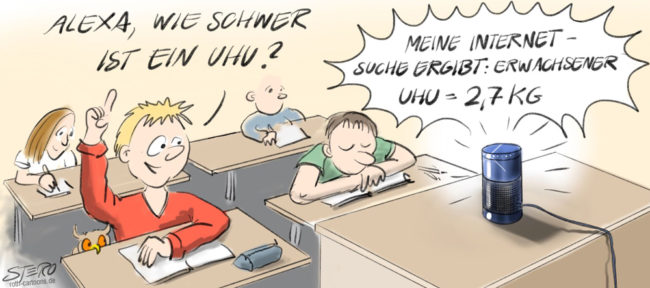 Cartoon-Karikatur-Comic---Ein Schüler fragt den Lehrer wieviel den ein Uhu wiegt. Alexa als neue Lehrkraft googelt natürlich sofort und gibt dem wissensdurstigen Schüler seine Antwort.