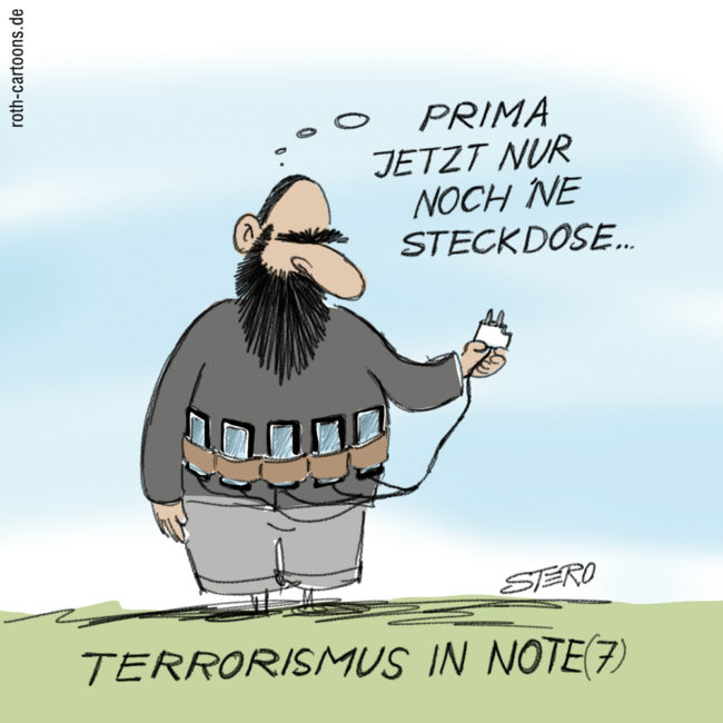 Cartoon-Karikatur-Comic---Ein Atentäter hat sich einen Gürtel aus Smartphones des Modells "Samsung Galaxy Note 7" umgeschnallt. Jetzt braucht er nurnoch eine Steckdose...