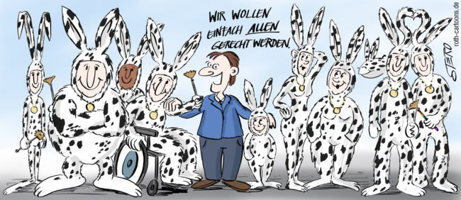 Cartoon-Karikatur-Comic---Verschiedenste Menschen stehen im Seehas Kostüm nebeneinander. Schluss mit dem Sexismus.